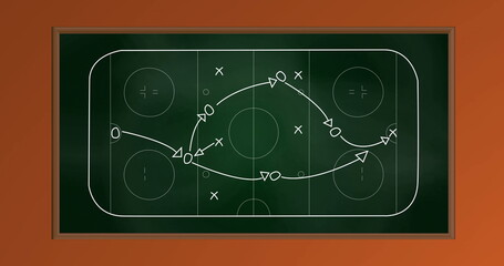 Poster - Image of arrow, circles and x symbols on sports court on orange background