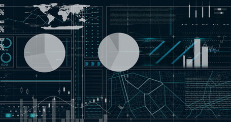 Poster - Image of map over diagrams and data processing on black background