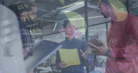 Poster - Image of financial data processing and people walking over diverse colleagues having meeting