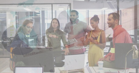 Poster - Image of financial data processing and hand holding dollar bill over diverse colleagues