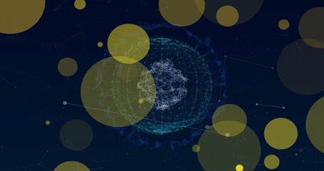 Poster - Image of yellow spots of light over network of connections with globe