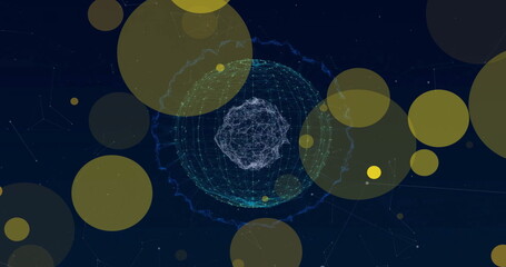 Poster - Image of yellow spots of light over network of connections with globe
