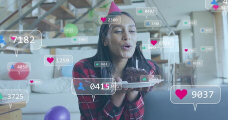 Sticker - Image of social media data processing over biracial woman with birthday cake