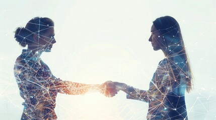 Two business women shaking hands with a social network connection and human icon symbol,