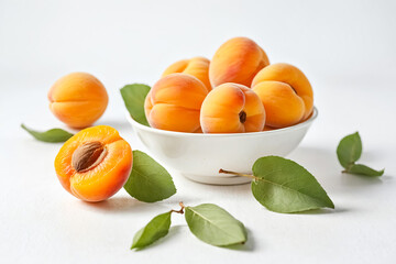 Wall Mural - Fresh apricots with green leaves in a white bowl