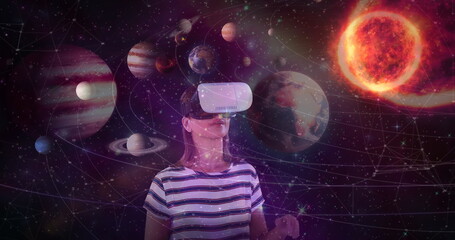 Poster - Digital composite of Science Composition Woman watching the universe with Augmented Reality
