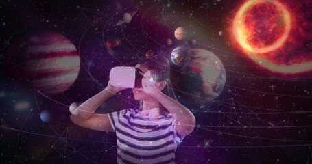 Poster - Digital composite of Science Composition Woman watching the universe with Augmented Reality
