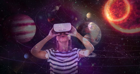 Poster - Digital composite of Science Composition Woman watching the universe with Augmented Reality