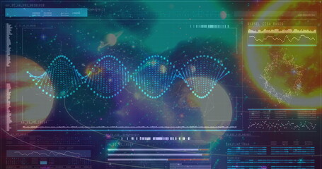 Poster - Digital composite of Science Composition Universe combined with animated DNA
