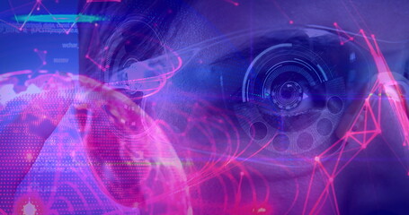 Poster - Digital composite of Science Composition Woman with virtual glasses and abstract illustration colore