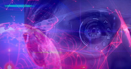 Poster - Digital composite of Science Composition Woman with virtual glasses and abstract illustration colore