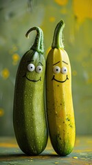 international friendship day greeting card featuring a green vegetable with a smiley face, accompanied by a yellow and green banana and two white eyes