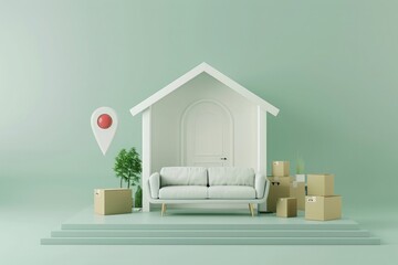 Wall Mural - White modern house with sofa and moving boxes, location pin icon on pastel green background. Concept of a new home, land and forests real estate merging family living space