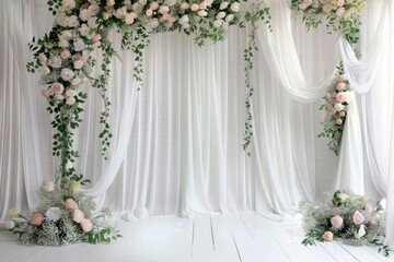Wall Mural - white silk curtains with floral arch and roses for wedding ceremony decor. Realistic photo,