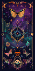 Butterfly and geometric patterns on spacey backdrop - Vibrant butterfly and sacred geometry elements set against a space-inspired background with star patterns