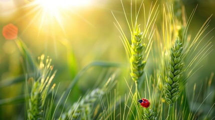 Wall Mural - young green wheat and ladybug on nature in spring summer