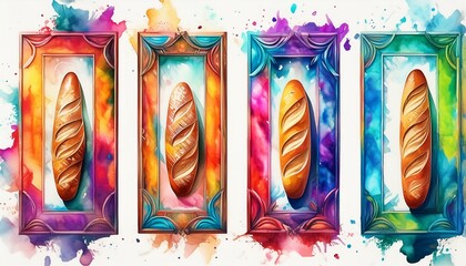 Wall Mural - Watercolor illustration of an artistic baguette, a set of wooden frames isolated on a white background