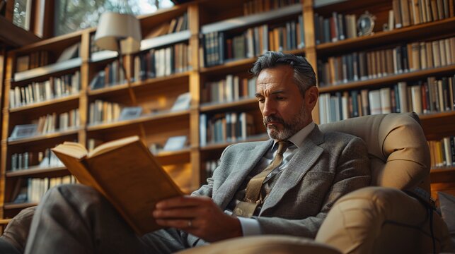 a businessman in a suit reads a book in his home library.