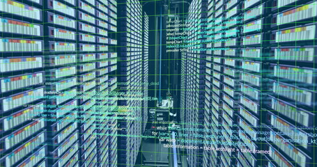 Sticker - Image of computer language and grid over data server racks