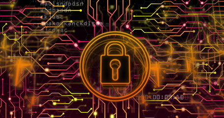 Poster - Image of padlock in circles and circuit board pattern over black background
