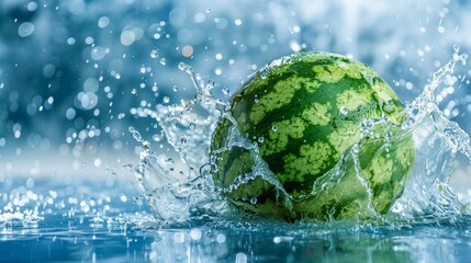 Watermelon and water splash. captured with highspeed photography as they break through the waters surface. 