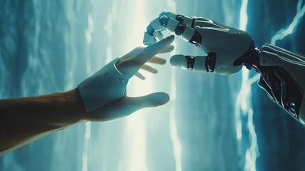 Poster - A futuristic robot and human hand reaching out to touch, symbolizing the merging of human and digital technologies, with space for text.