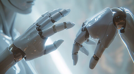 Poster - a futuristic robot and human hand reaching out to touch, symbolizing the merging of human and digita