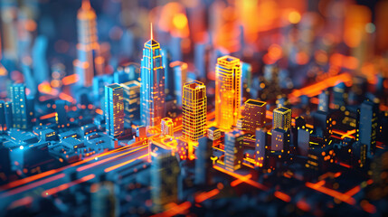 Poster - a smart city model with digital overlays and holographic data, indicating next-generation technology
