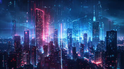 Wall Mural - A futuristic cityscape at night with neon lights and digital overlays, showcasing the next generation technology era, with space for text.