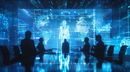 Poster - A virtual meeting with holographic participants, demonstrating digital transformation in communication, with ample space for text.