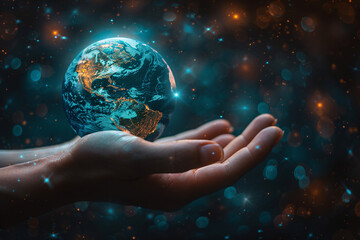 Wall Mural - A conceptual image of a human hand holding a digital world, representing the impact of technology on global transformation, with space for text.