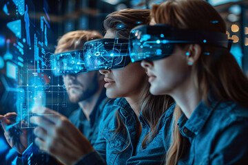 Poster - A business team collaborating with holographic tools, demonstrating digital transformation in teamwork, with space for text.