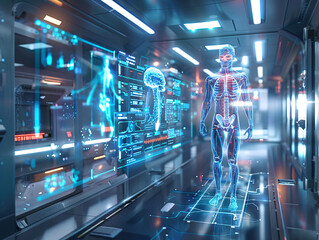 Wall Mural - A futuristic healthcare setting with holographic medical data, illustrating digital transformation in healthcare, with space for text.
