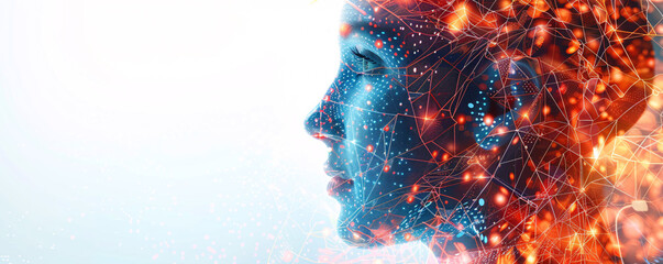 Wall Mural - A conceptual image of a human head with digital circuit overlays, representing the integration of technology and human cognition, with space for text.