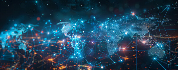 Wall Mural - A conceptual image of a digital world map with interconnected smart cities, symbolizing global digital transformation, with space for text.