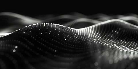 Poster - black background with white lines wave dots representing digital binary data. Concept for big data, deep machine learning, artificial intelligence, business technology ,futuristic