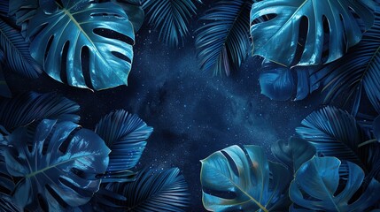 Poster - Collection of tropical leaves, foliage plant in blue color with space background