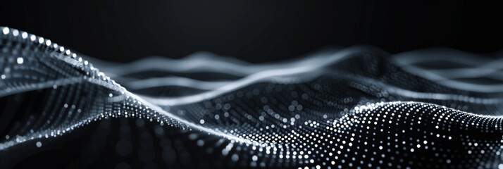 Poster - black background with white lines wave dots representing digital binary data. Concept for big data, deep machine learning, artificial intelligence, business technology ,futuristic