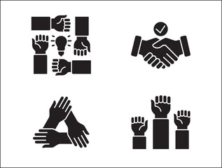 Teamwork icon. Cooperation hands icon set. Collaboration symbol. Business co-worker sign. Icons of brotherhood, relation, connection, partnership. Vector isolated illustration in flat solid design