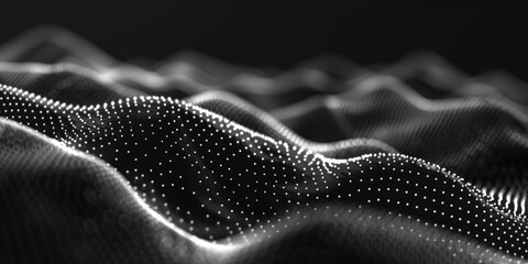 Poster - black background with white lines wave dots representing digital binary data. Concept for big data, deep machine learning, artificial intelligence, business technology ,futuristic