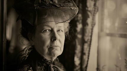 Wall Mural - Collodion portrait of a Victorian lady in her elaborate attire, captured with a vintage camera, evocative portraits, soft window light