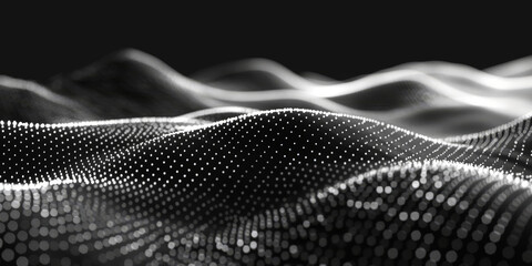 Poster - black background with white lines wave dots representing digital binary data. Concept for big data, deep machine learning, artificial intelligence, business technology ,futuristic