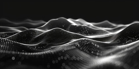 Poster - black background with white lines wave dots representing digital binary data. Concept for big data, deep machine learning, artificial intelligence, business technology ,futuristic