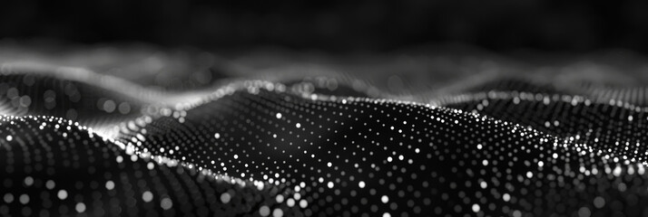 Poster - black background with white lines wave dots representing digital binary data. Concept for big data, deep machine learning, artificial intelligence, business technology ,futuristic