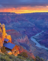 Wall Mural - Scenic Sunrise Over the Grand Canyon Showcasing Vibrant Colors with a Rustic Cabin Overlooking the Majestic Colorado River Below