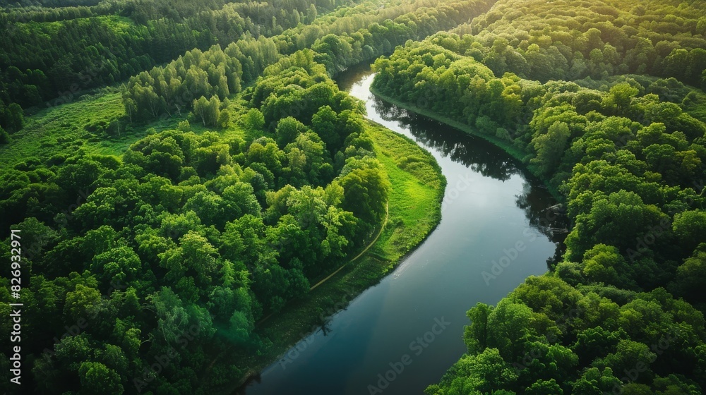 An aerial view of a lush green forest divided by a winding river ...
