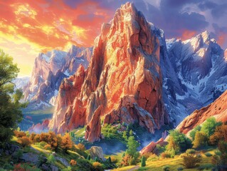 Wall Mural - Vibrant Sunrise Over Majestic Rocky Mountains with Lush Greenery and Snow-Covered Peaks in Background Artwork