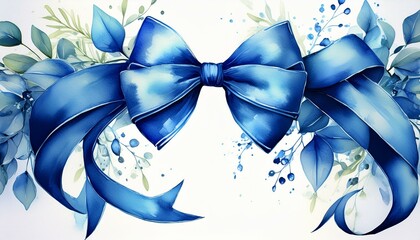 Wall Mural - Frame of blue ribbons and bow.Watercolor hand painted illustrations isolated on white background