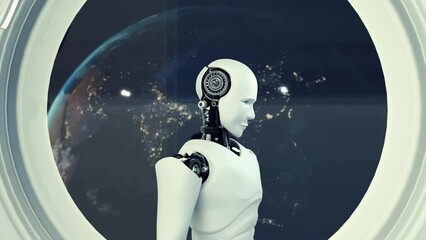 Poster - mlp futuristic robot, artificial intelligence cgi inside spaceship in space universe overlooking pla