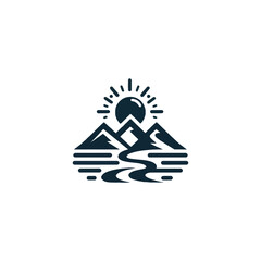 Wall Mural - mountain logo landscape with rocks at sunrise, Sea and Sun for Hipster Adventure Traveling logo